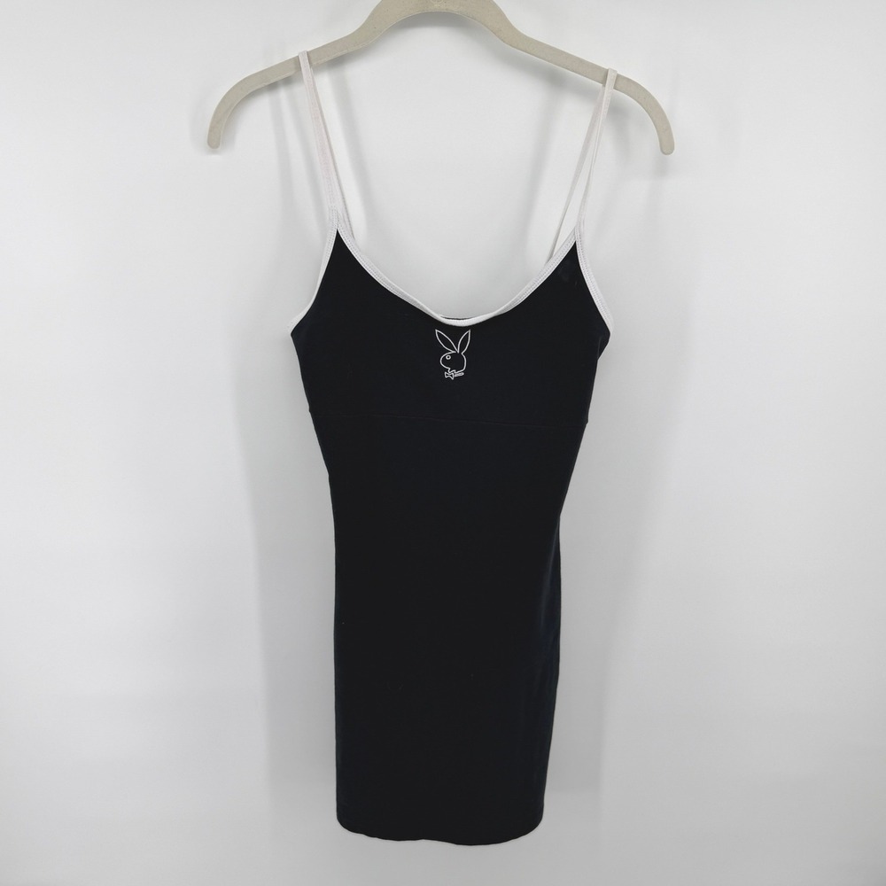 Playboy Cami Dress Logo Side Stripe Small Black Womens Y2K Bodycon Mini
